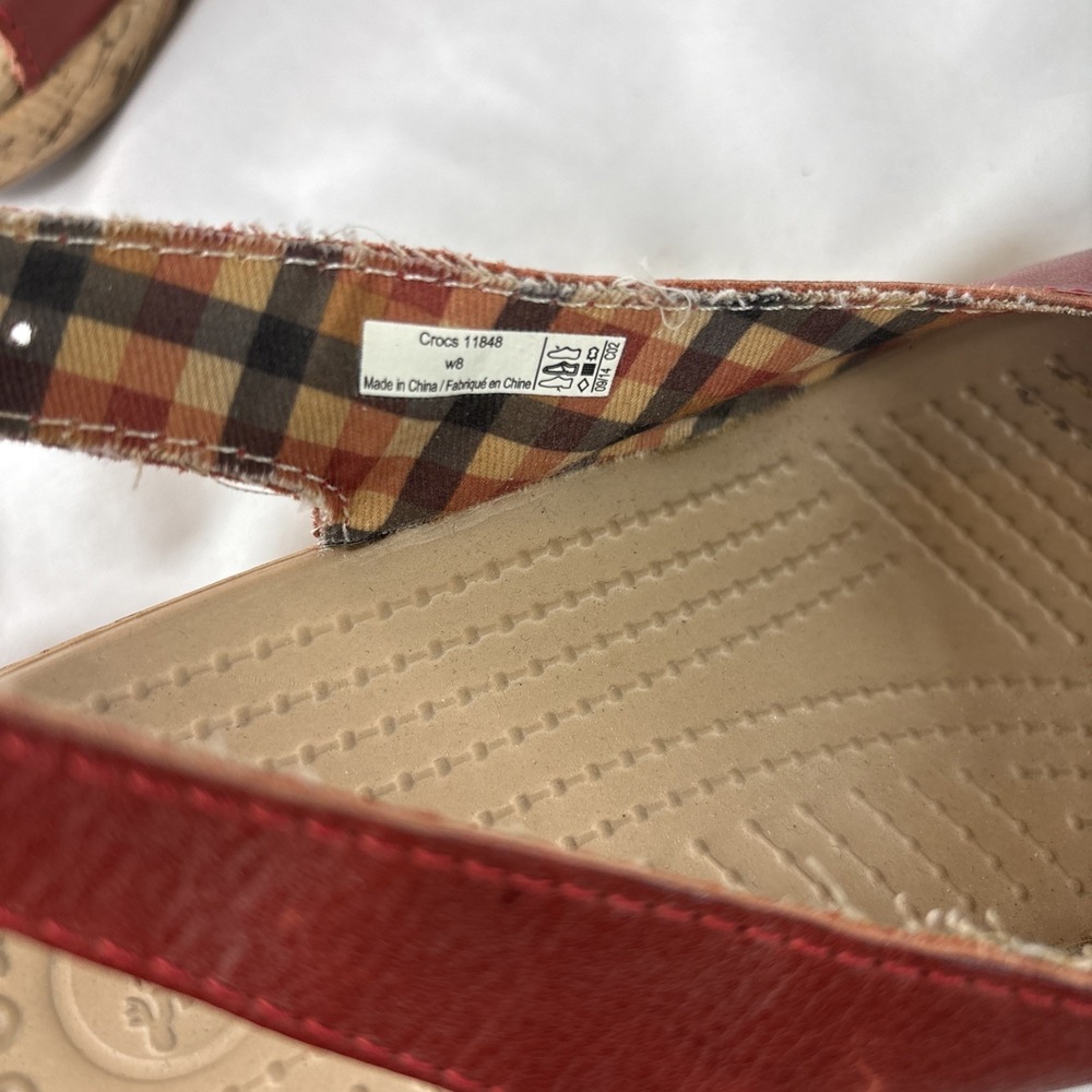 CROCS A-Leigh Leather Cork Wedge Slingback Sandals Size 8 Orange/Red Boho Shoes - Picture 3 of 7